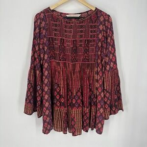Ritu Kumar Womens Geometric Print Tunic Top Size M Beaded Pleated Boho Indie